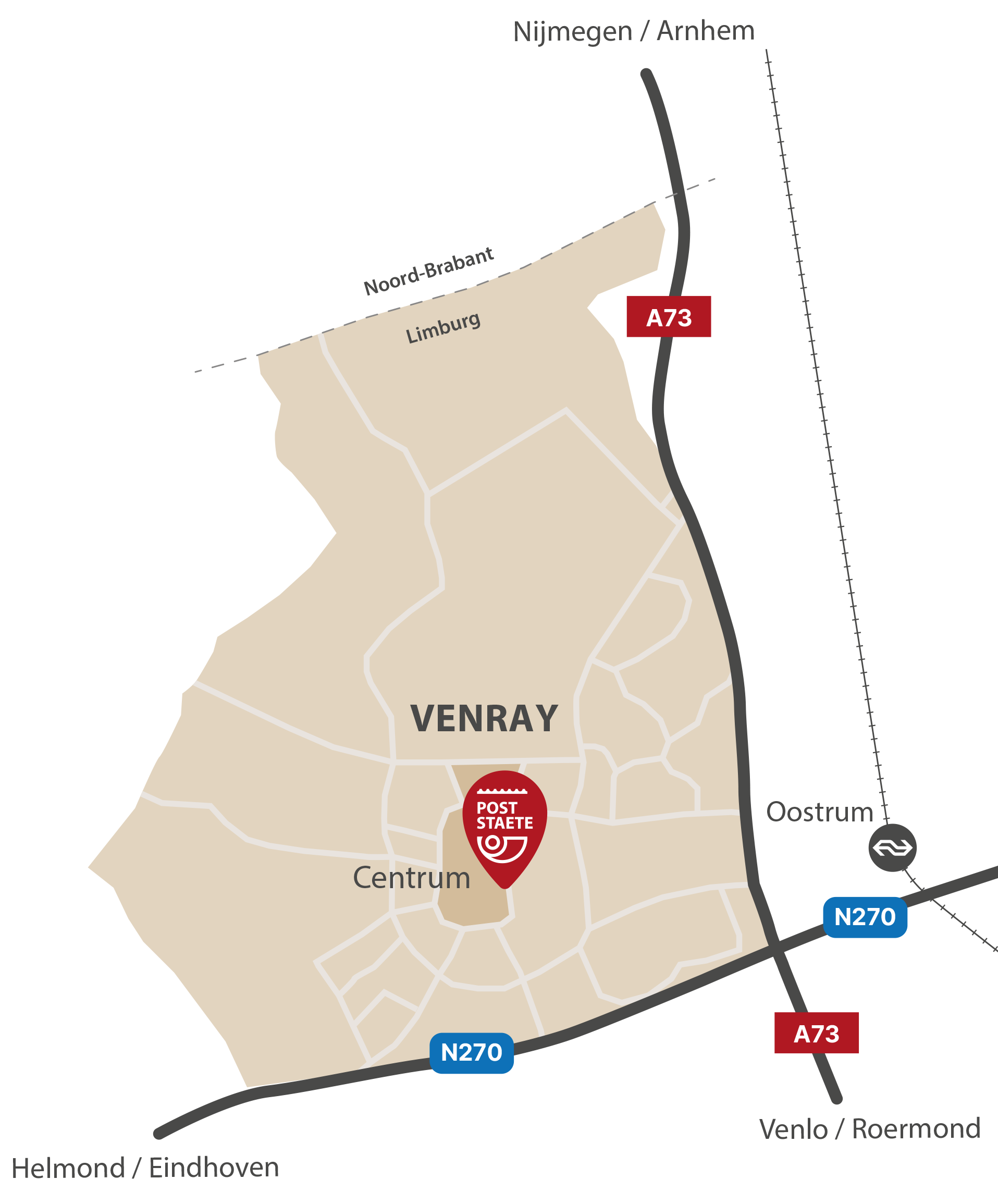 Ontsluitingskaart Venray met locatie van Post Staete.